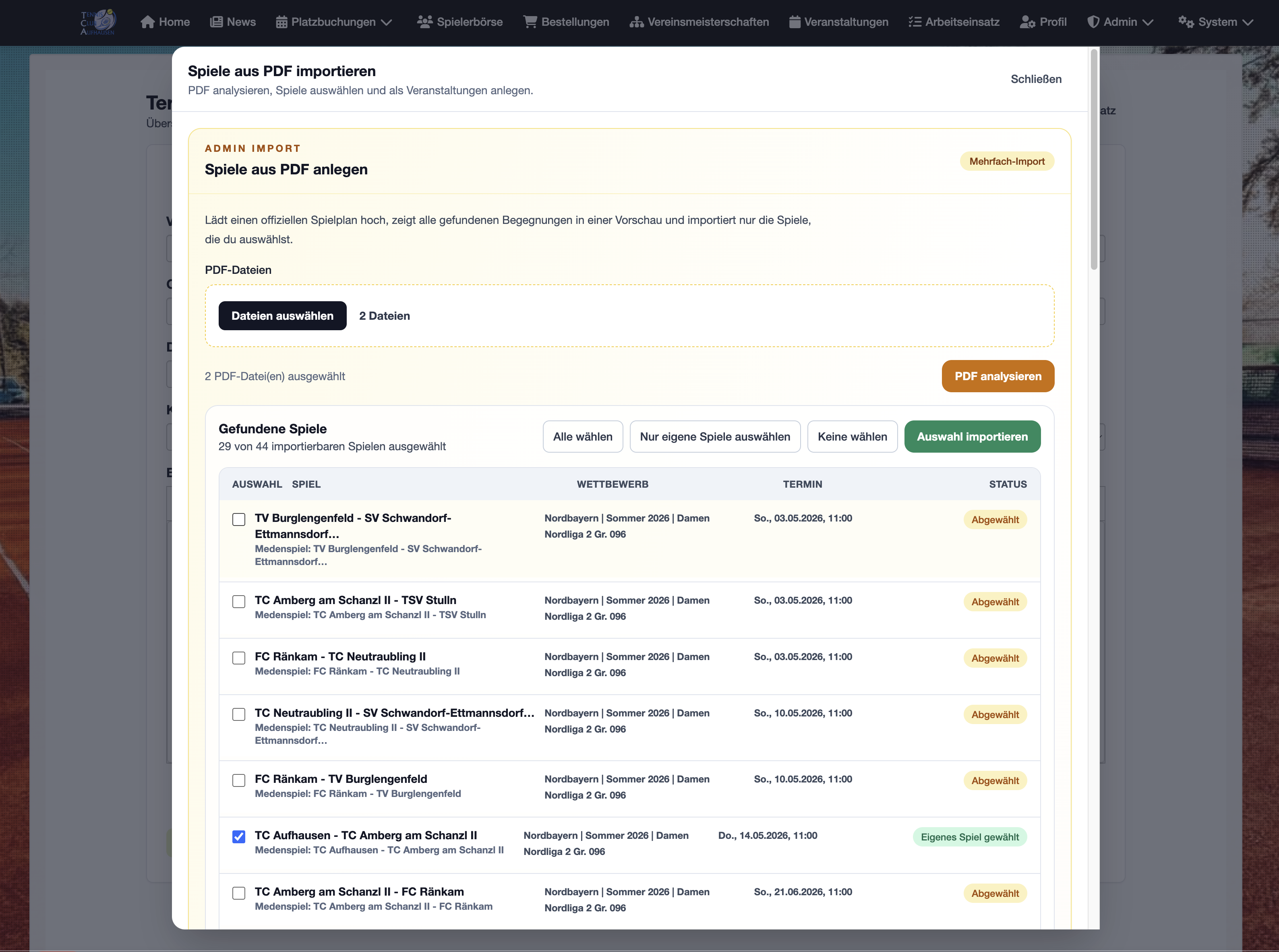Import von Verbands-Medenspielen per PDF in ein Tennis-Buchungssystem