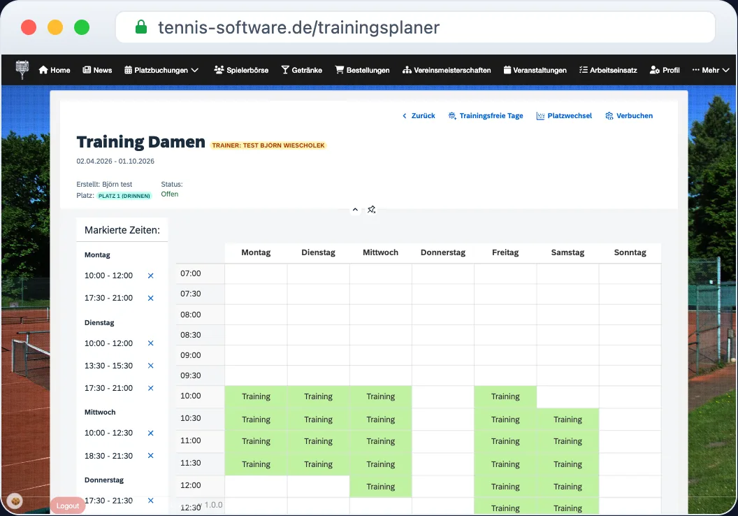 Trainingsplaner – Trainingsgruppen mit Trainer, Platzwechsel und trainingsfreien Tagen