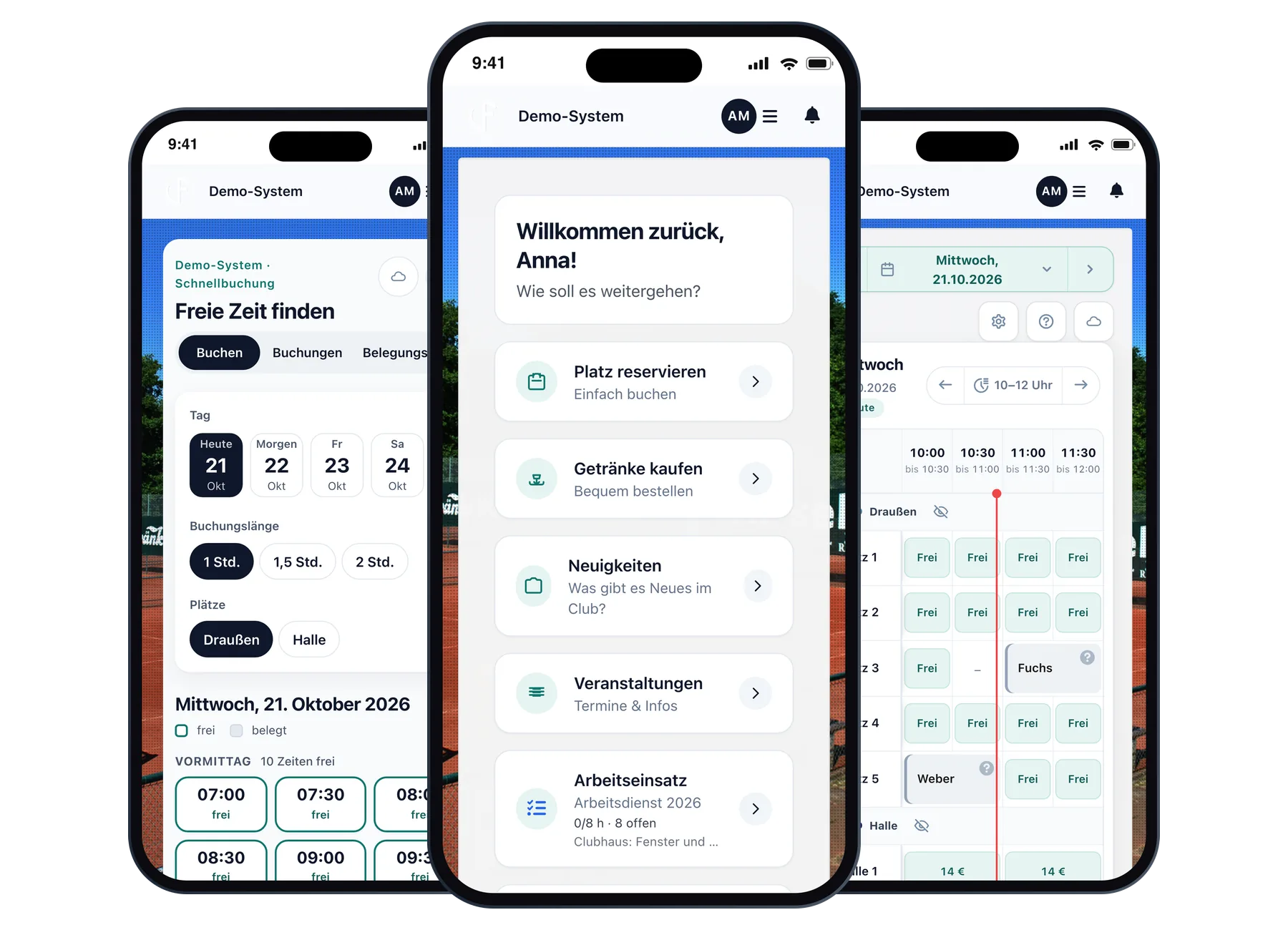 Vereins-App auf drei Smartphones: Schnellbuchung, Startbildschirm und Belegungsplan