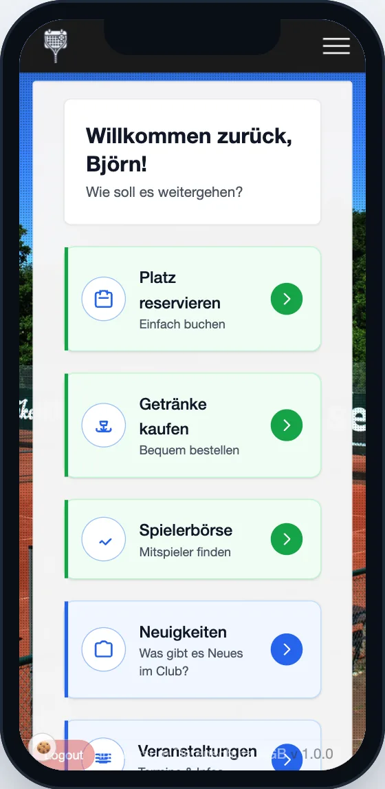 Vereins-App Startbildschirm – Platz reservieren, Getränke kaufen, Spielerbörse