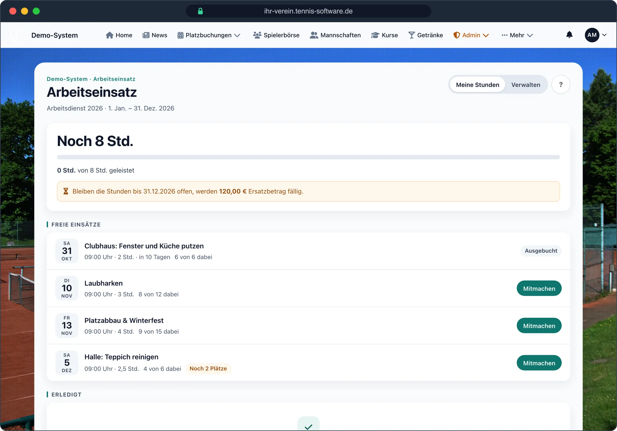 Arbeitseinsatz: Pflichtstunden und freie Einsätze – Screenshot aus Tennis-Software.de