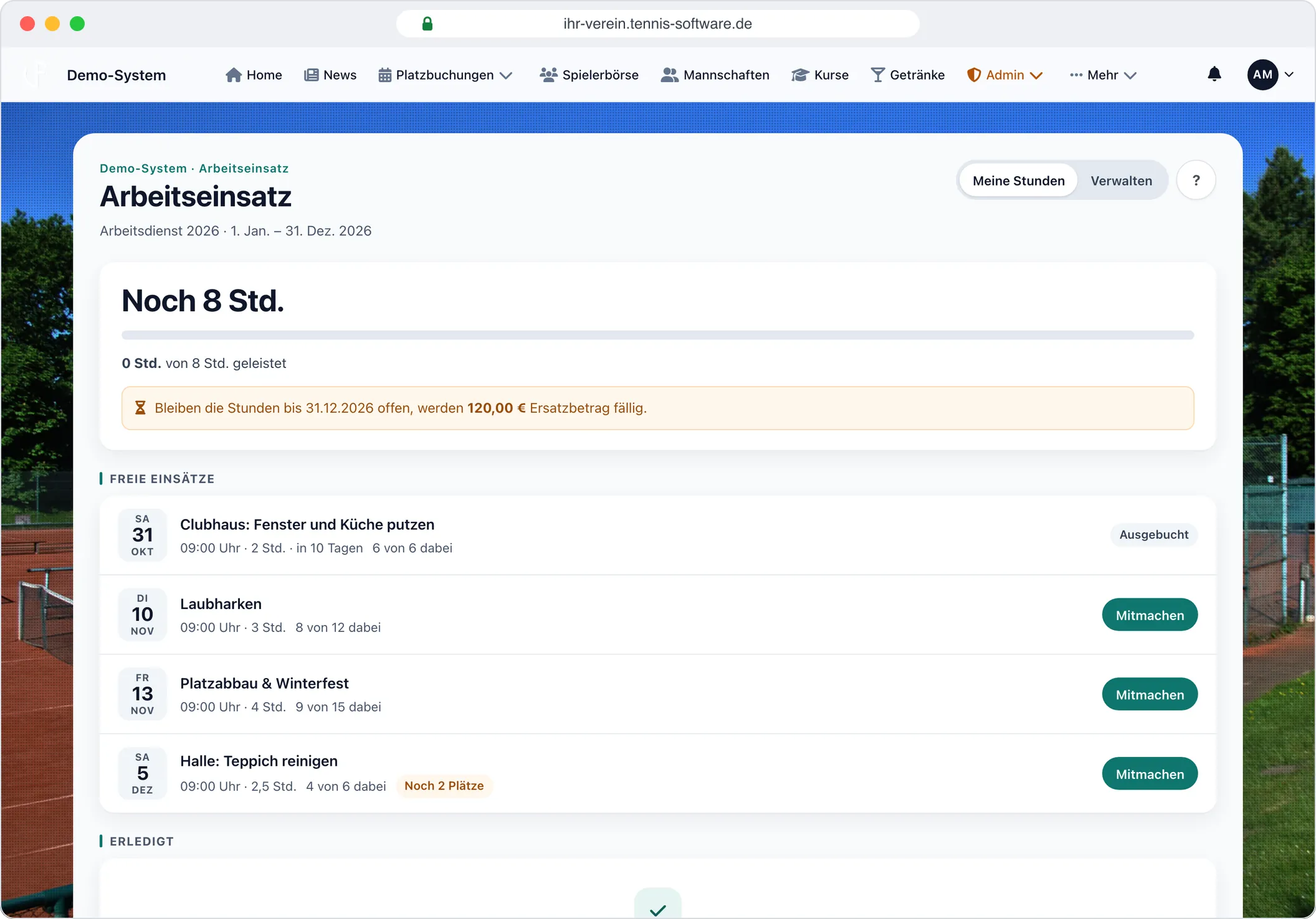 Arbeitseinsatz: Pflichtstunden und freie Einsätze – Screenshot aus Tennis-Software.de