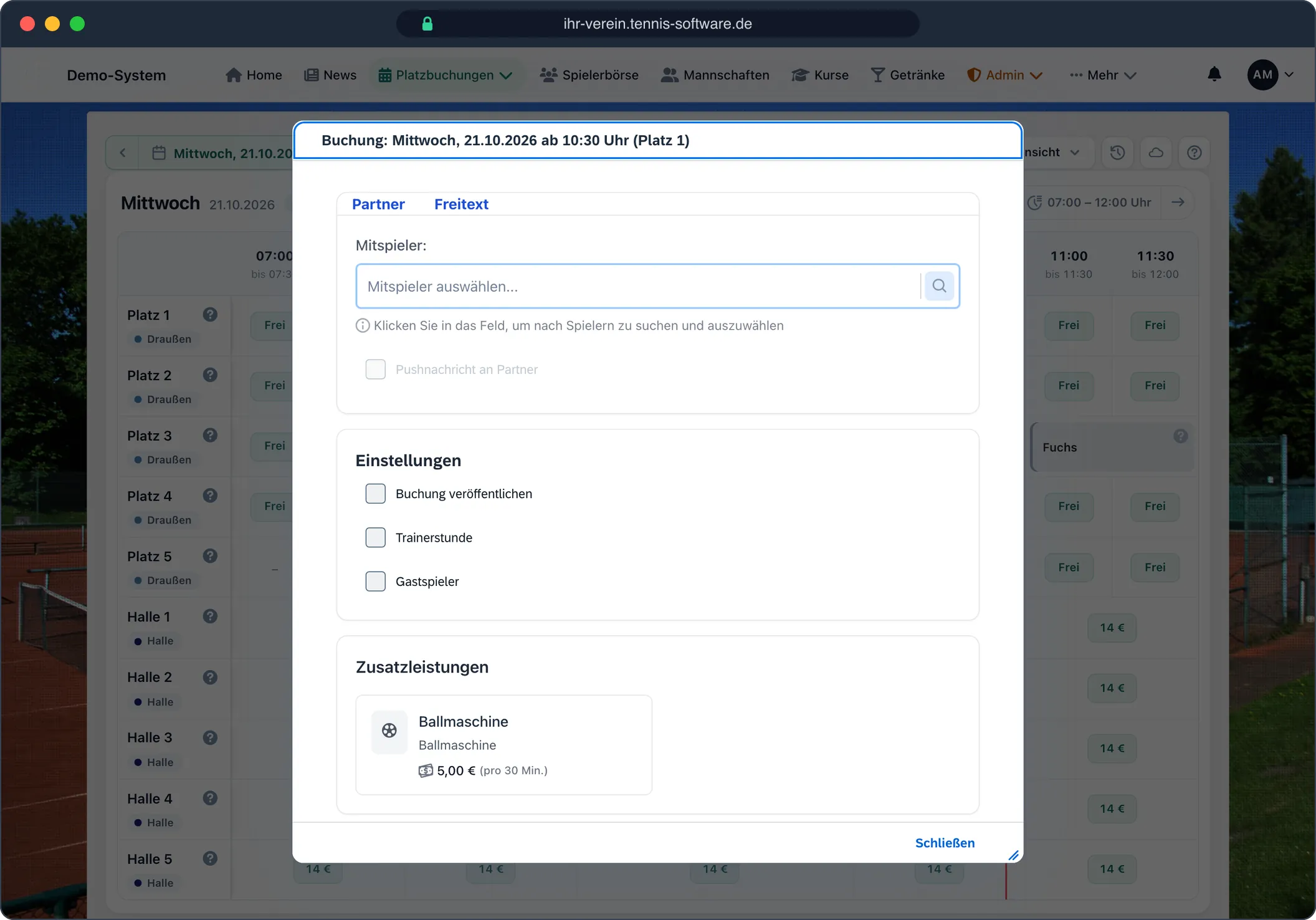 Buchung: Mitspieler, Gast, Ballmaschine – in einem Dialog – Screenshot aus Tennis-Software.de