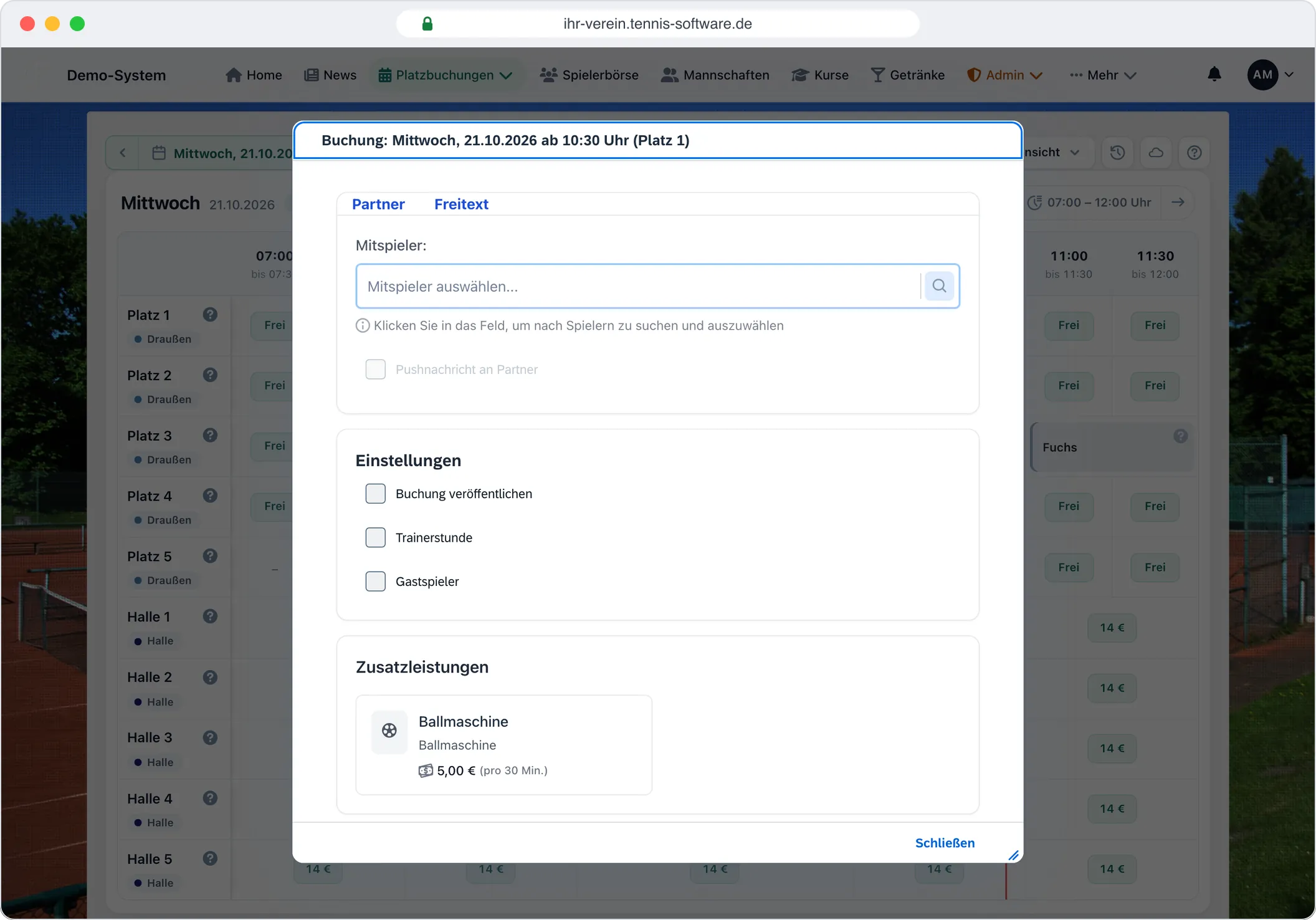 Buchung: Mitspieler, Gast, Ballmaschine – in einem Dialog – Screenshot aus Tennis-Software.de