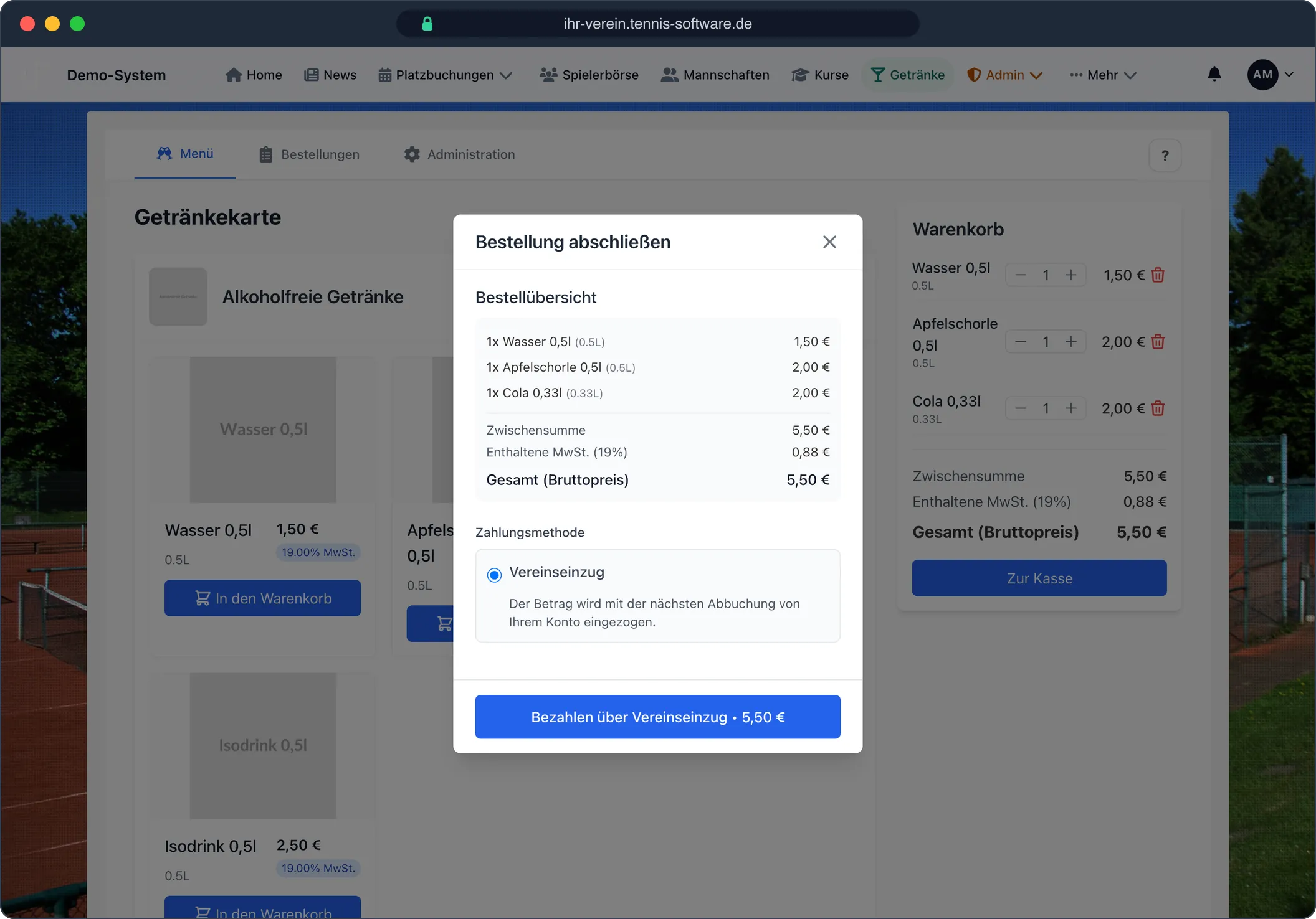 Getränke: Bestellen statt Strichliste – Screenshot aus Tennis-Software.de