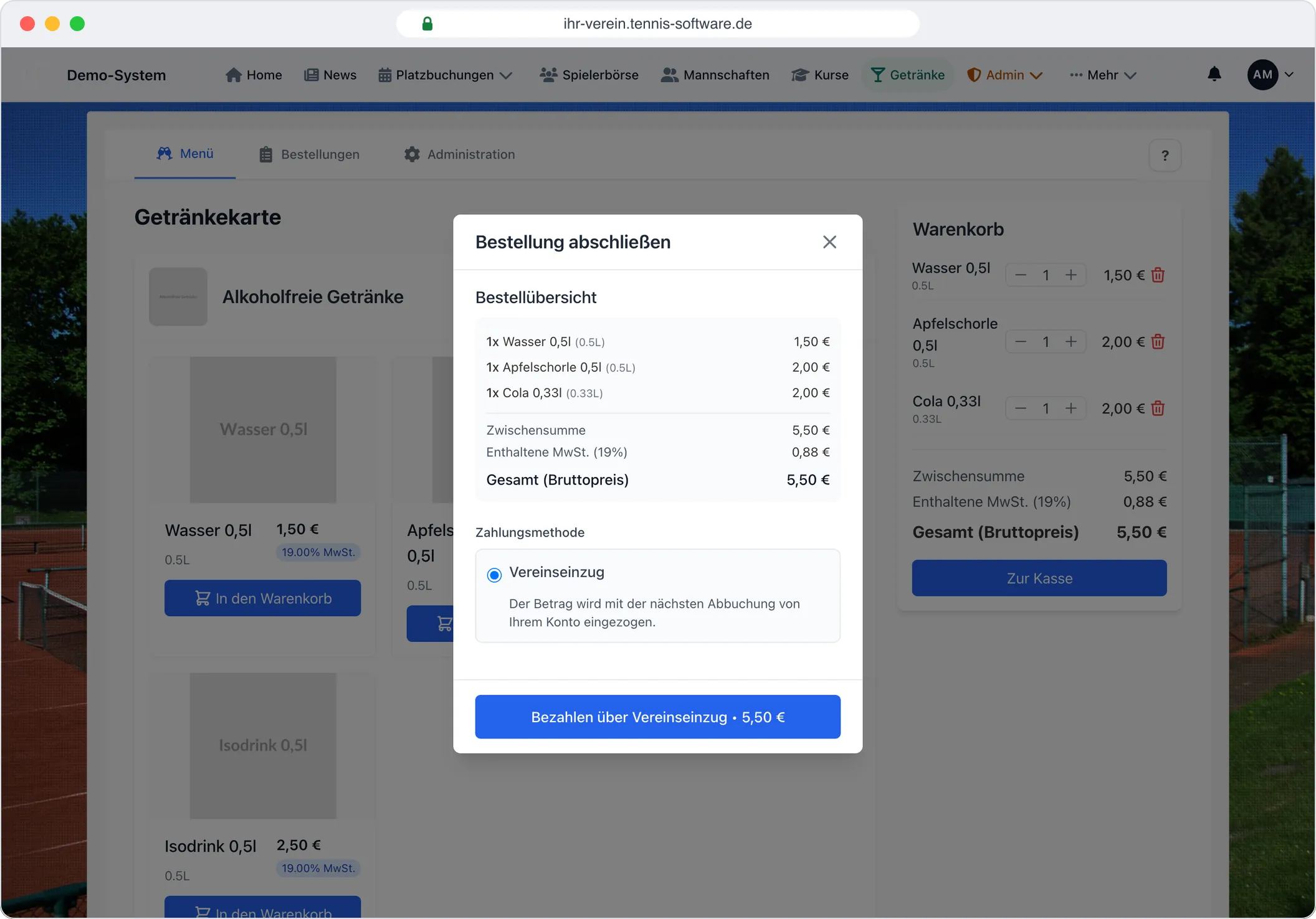 Getränke: Bestellen statt Strichliste – Screenshot aus Tennis-Software.de
