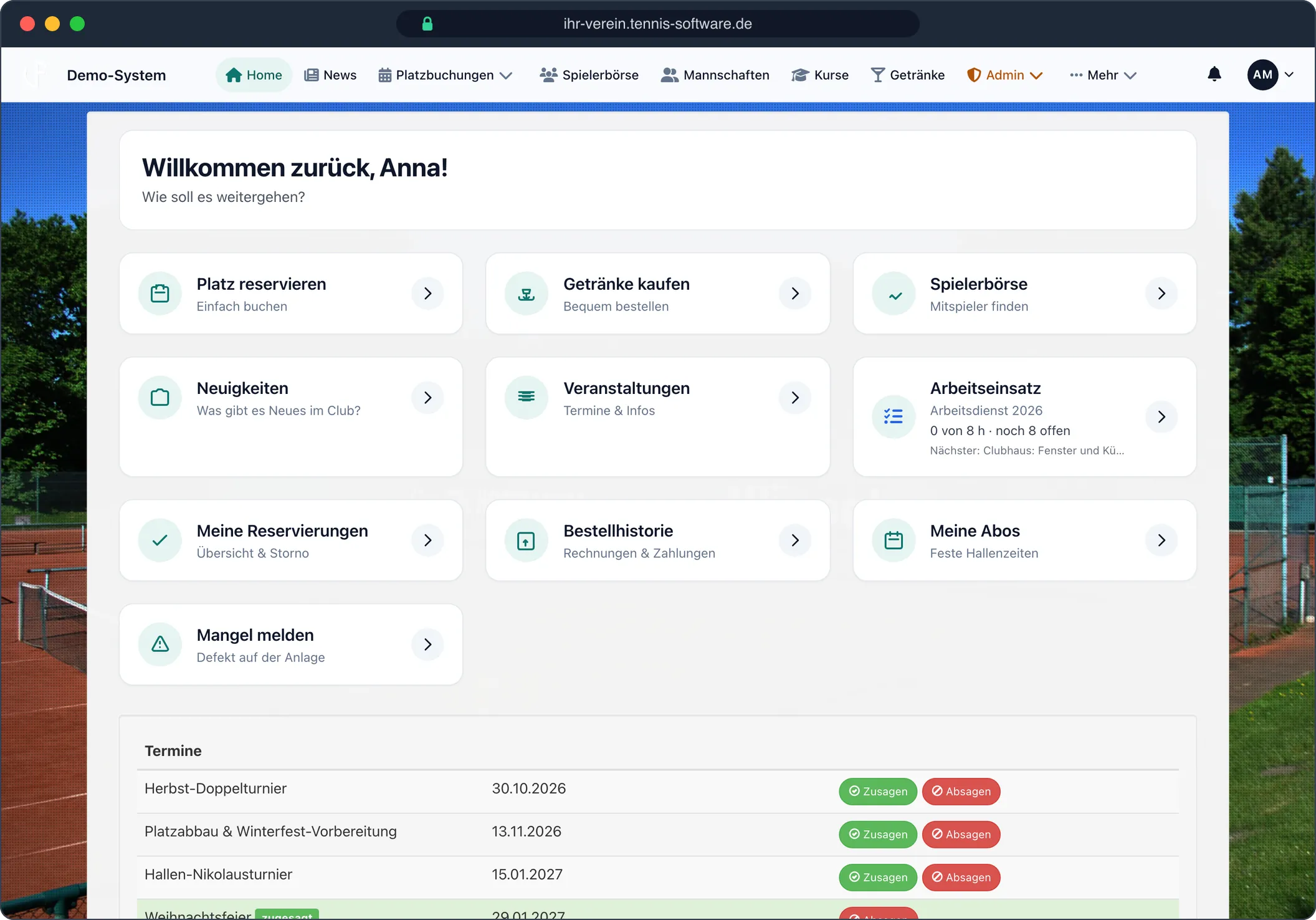 Mitgliederbereich: Buchen, bestellen, Termine und Arbeitseinsatz an einem Ort – Screenshot aus Tennis-Software.de