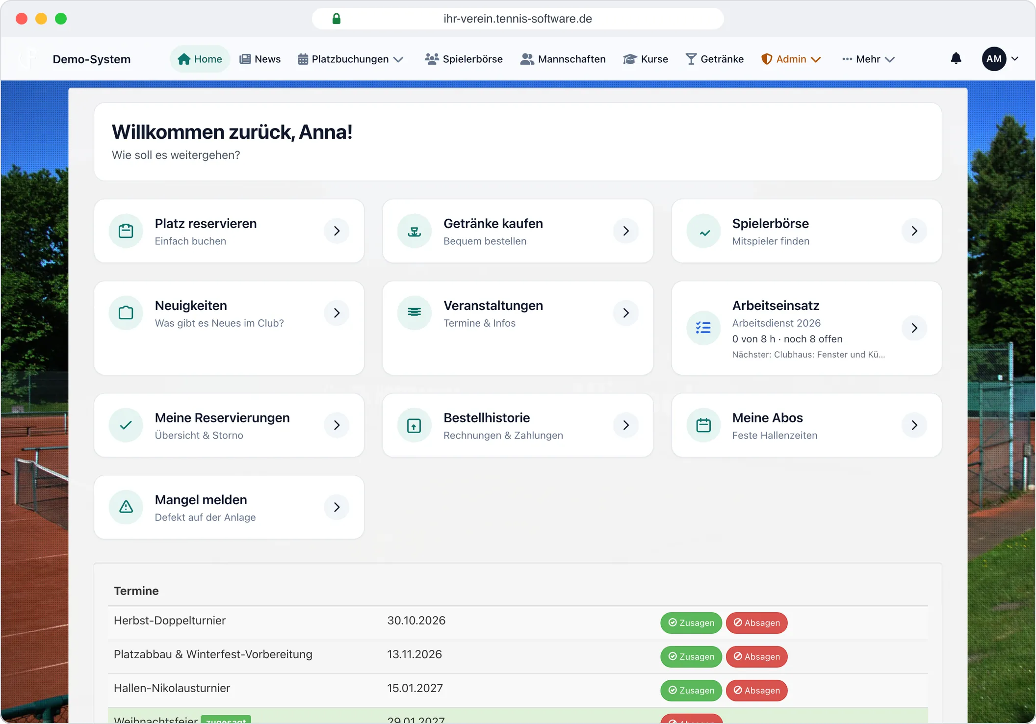 Mitgliederbereich: Buchen, bestellen, Termine und Arbeitseinsatz an einem Ort – Screenshot aus Tennis-Software.de