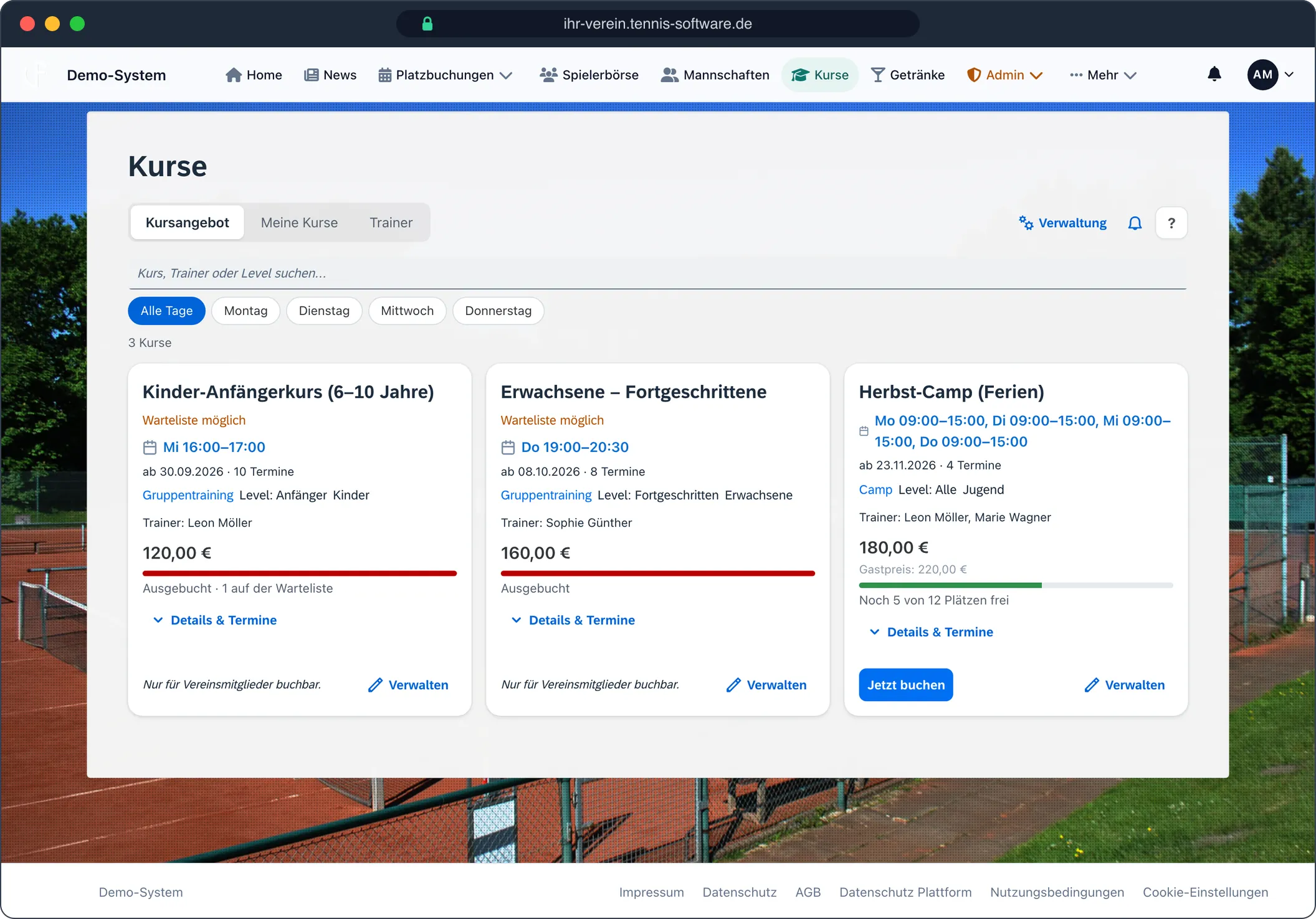 Kurse: Kurse mit Warteliste und Bezahlung – Screenshot aus Tennis-Software.de