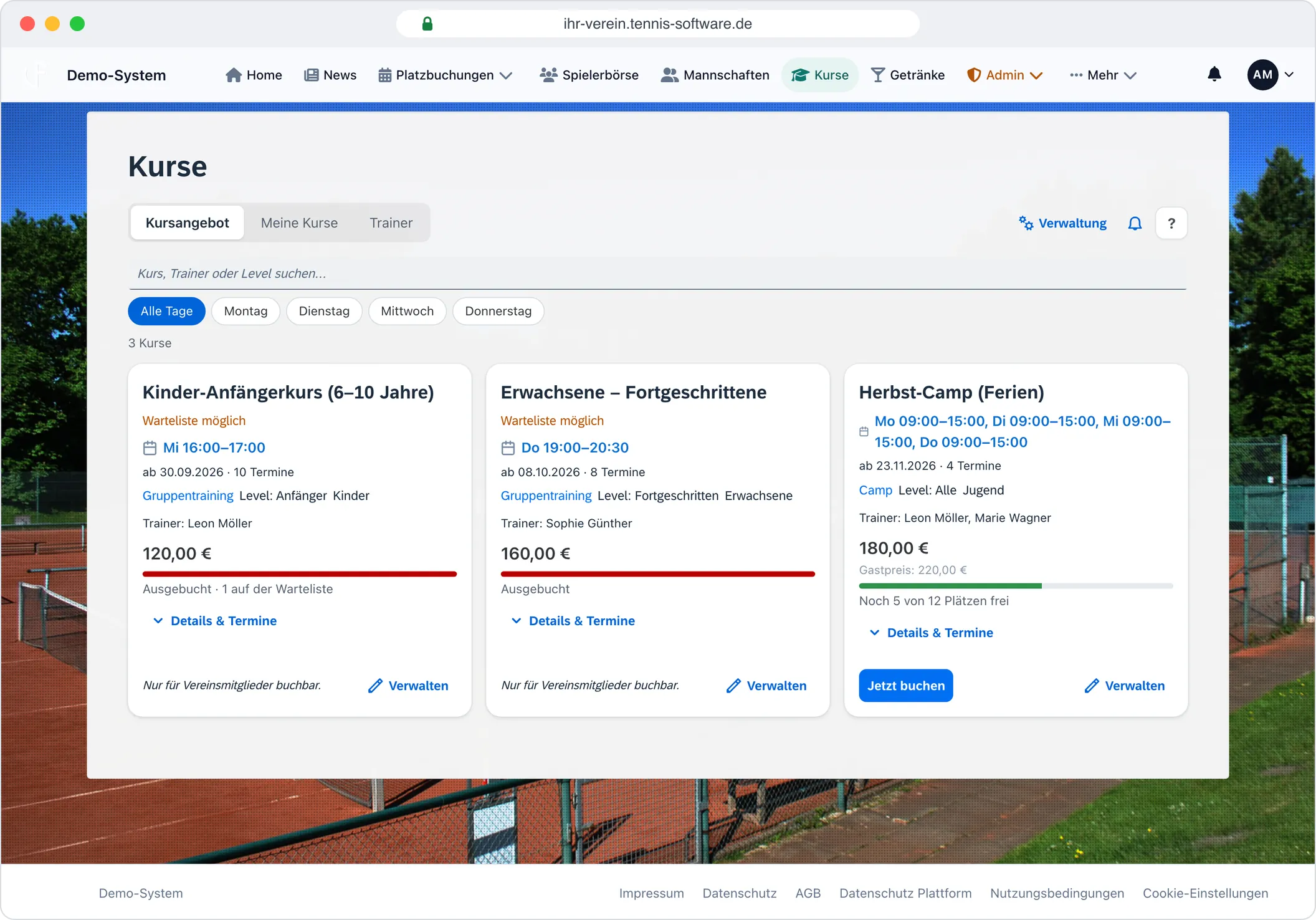 Kurse: Kurse mit Warteliste und Bezahlung – Screenshot aus Tennis-Software.de