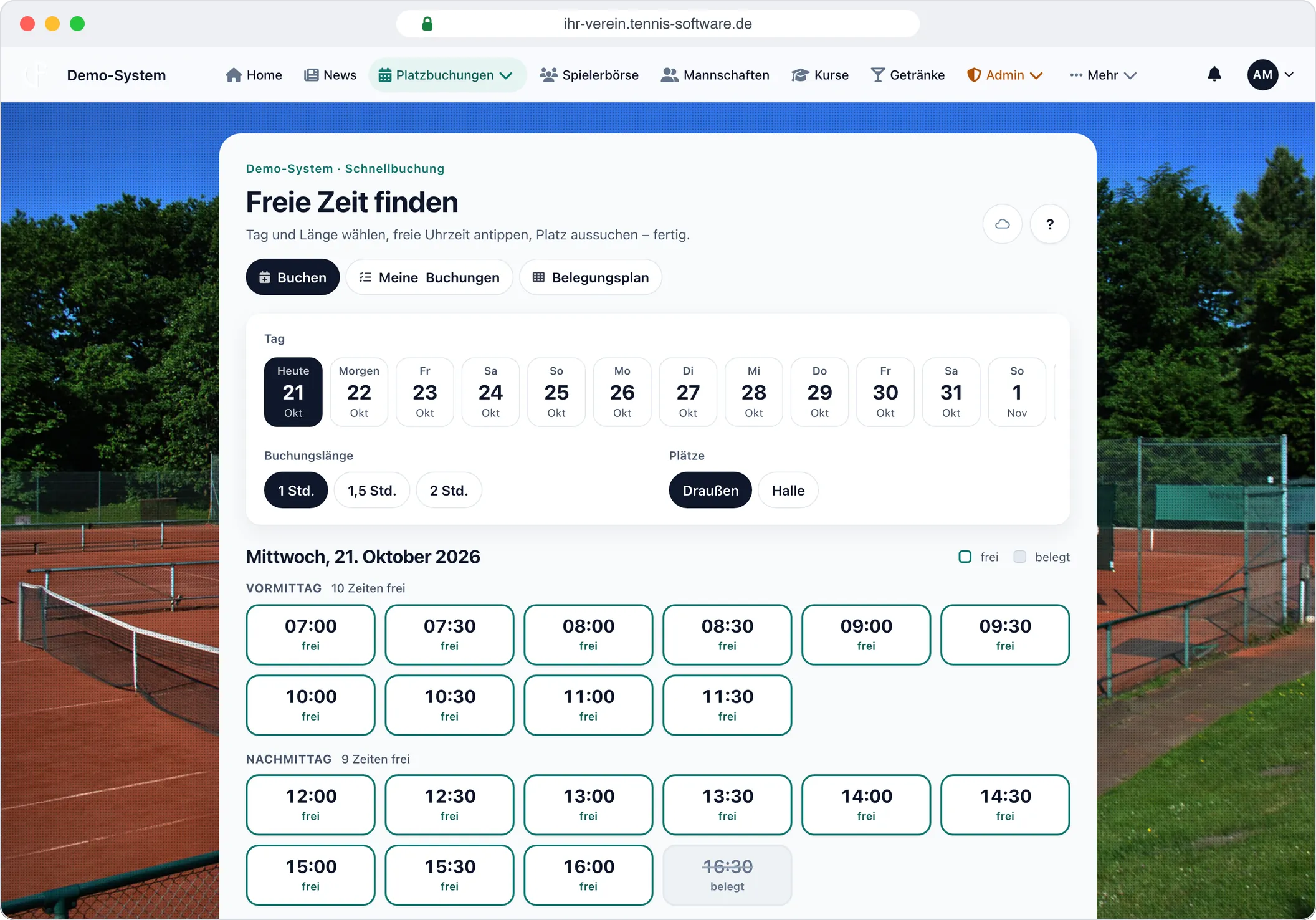 Schnellbuchung: In drei Klicks gebucht – Screenshot aus Tennis-Software.de