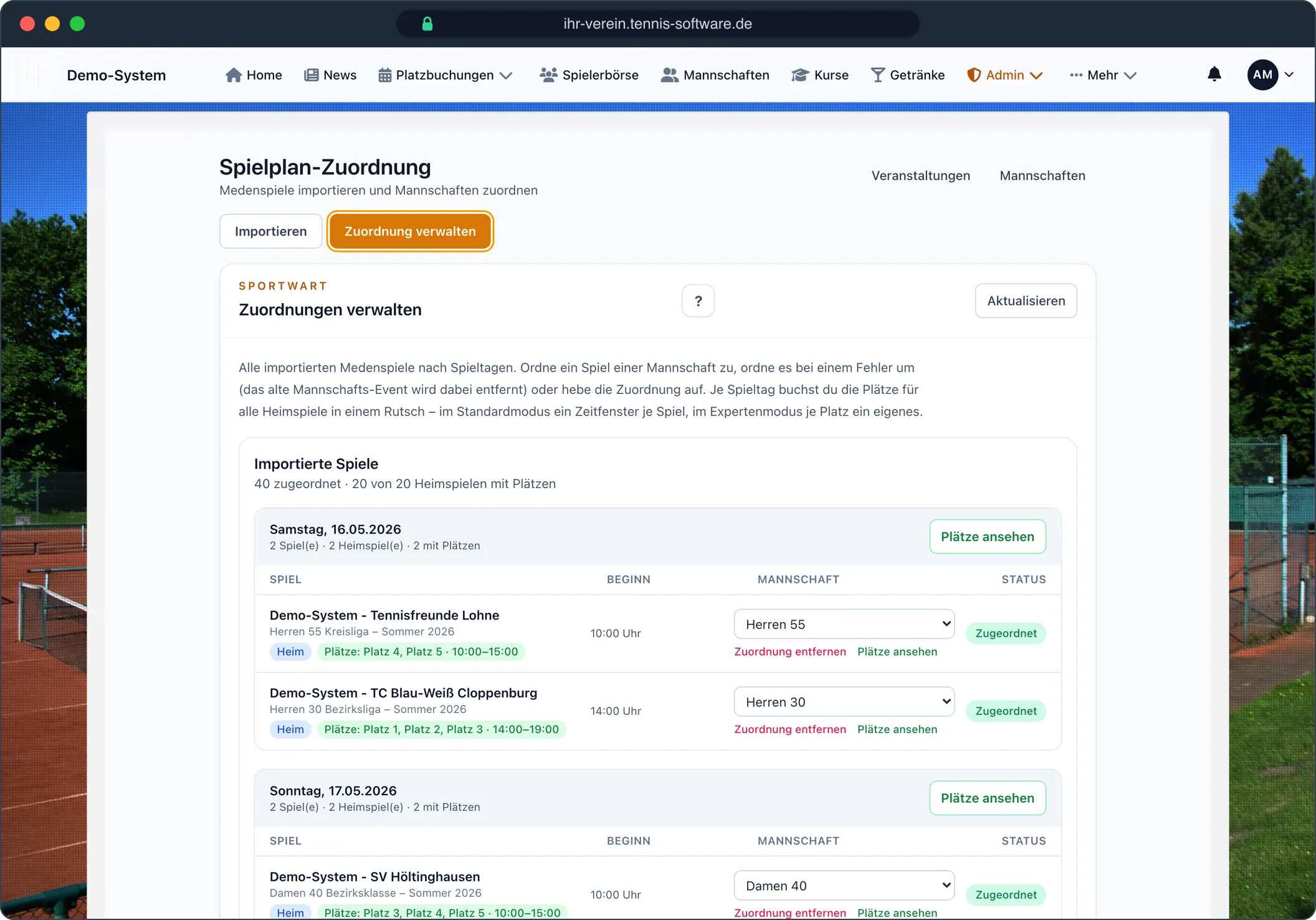 Medenspiele: Verbands-PDF hochladen, Mannschaften zuordnen – Screenshot aus Tennis-Software.de