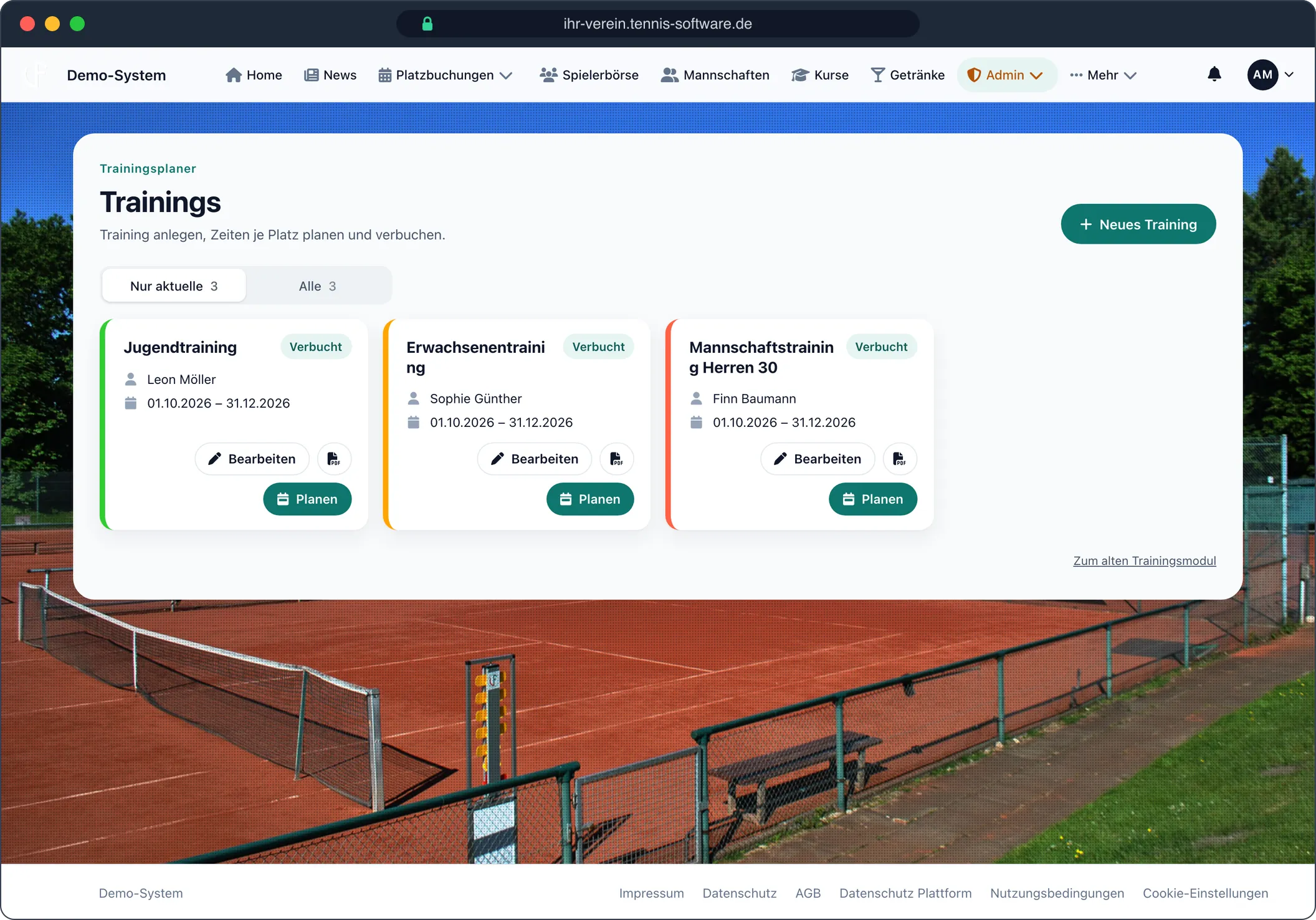 Trainingsplaner – Trainingsgruppen mit Trainer und Zeitraum, direkt auf die Plätze verplant