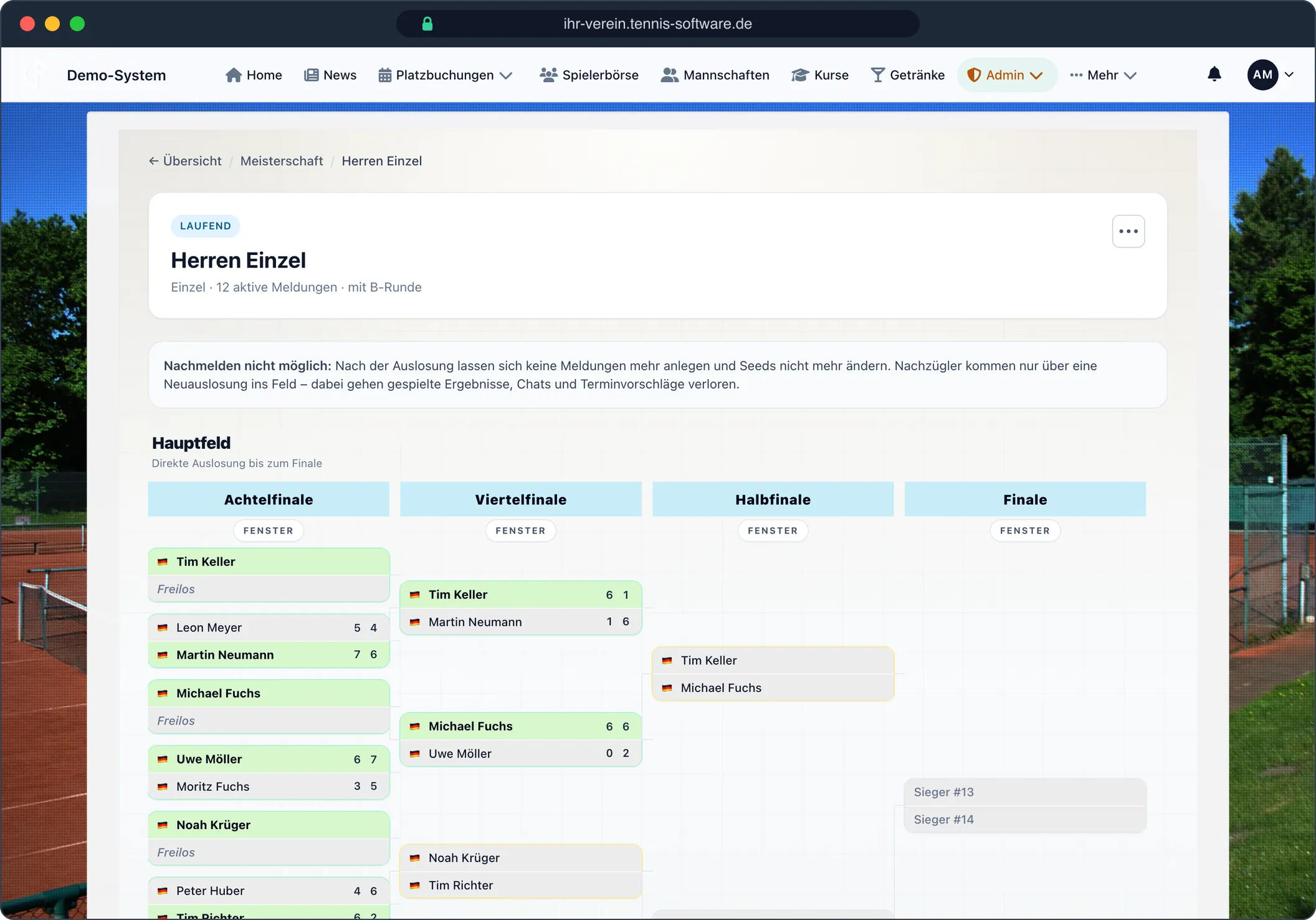 Vereinsmeisterschaft: Turnierbaum mit Ergebnissen – Screenshot aus Tennis-Software.de
