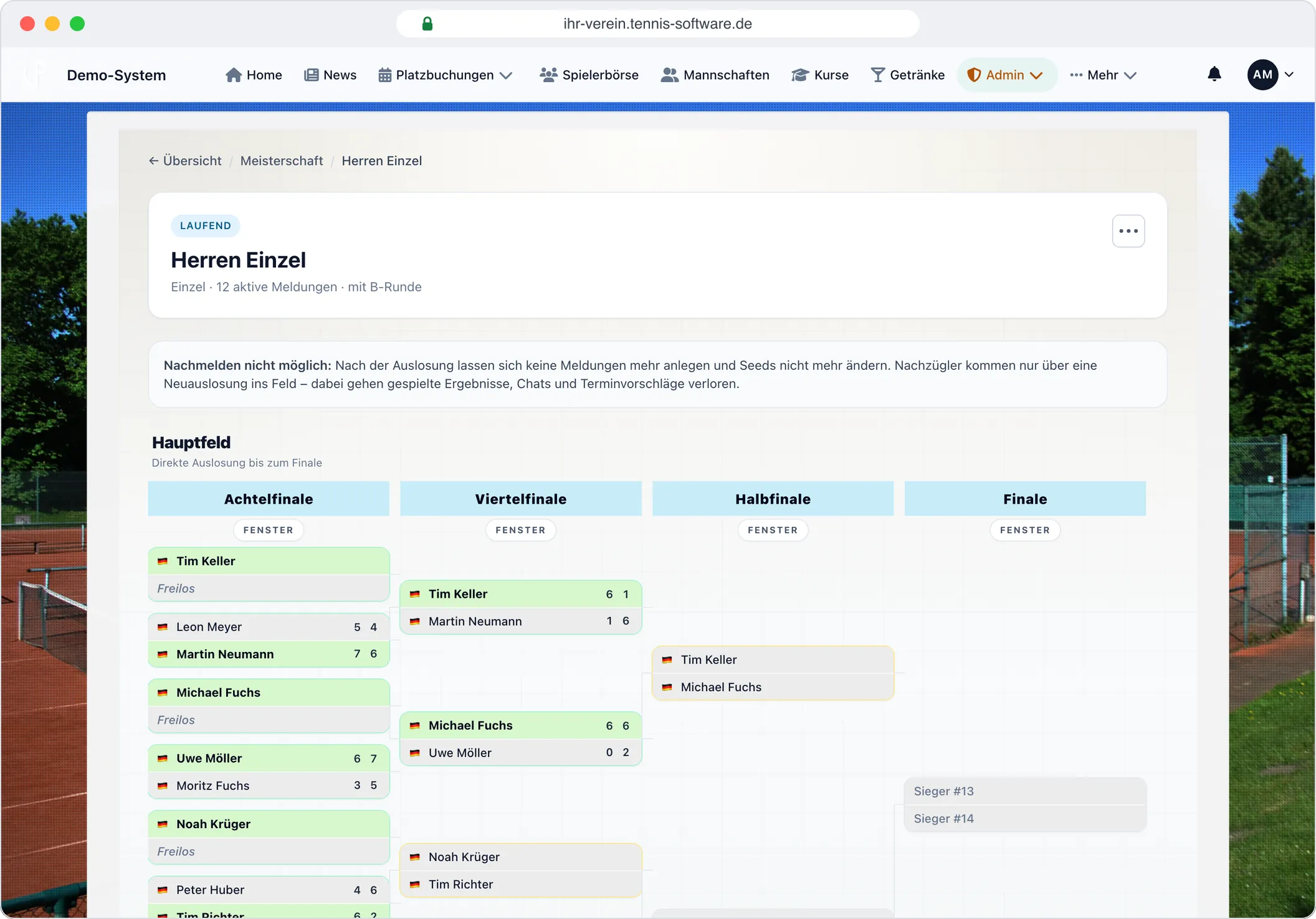 Vereinsmeisterschaft: Turnierbaum mit Ergebnissen – Screenshot aus Tennis-Software.de